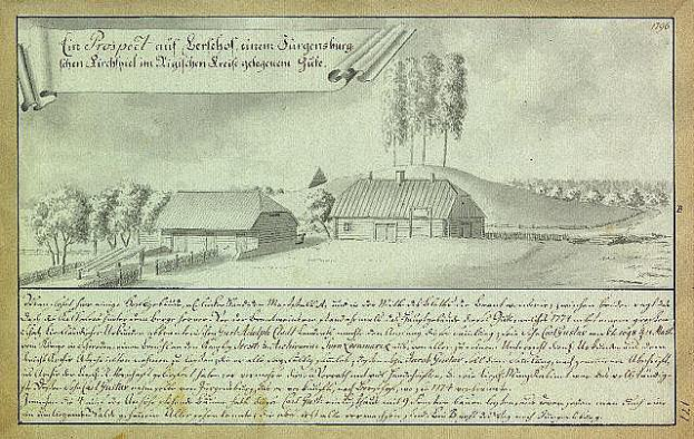 Ein altes Dokument mit einer Zeichnung eines Hofes in einem Feld, umgeben von Häusern, Bäumen und einem Himmel, mit der Inschrift "Surgensburg, Deutschland - Landschaft eines Hofes".
