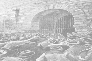 Schwarz-weiß-Zeichnung einer Menge vor einer Backsteinwand mit einem Fenster und Gittern, mit Text unten, der lautet: 'Victor Hugo Münsters Hinrichtung im Gefängnis 1892'.