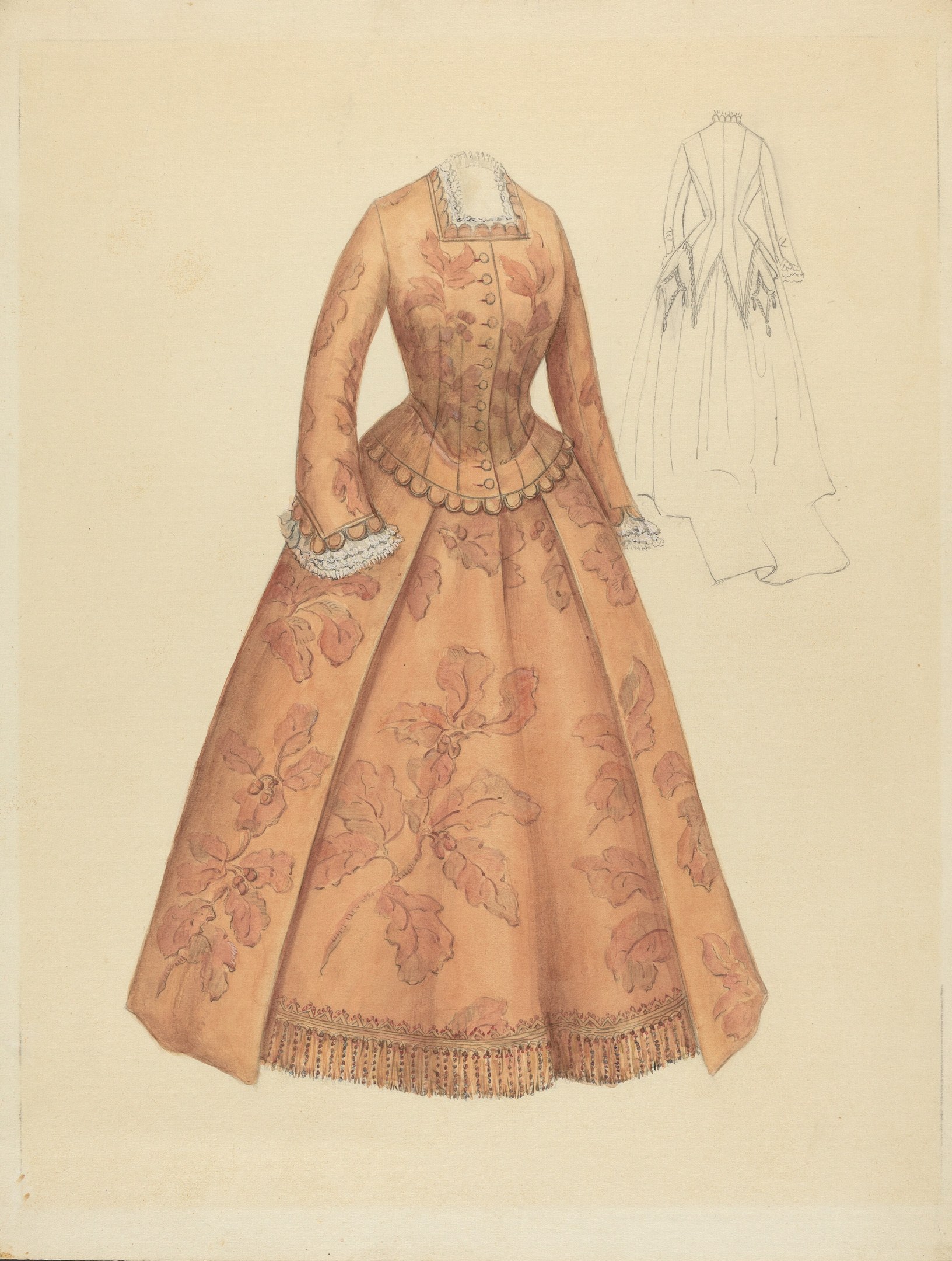 Ein detailliertes Kostümdesign aus dem 18. Jahrhundert für ein bodenlanges Kleid mit hohem Kragen, floralem Muster auf Rosa, Lila und Blau und einer Spitzenborte am Rock.