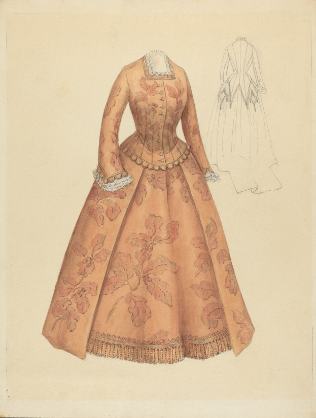 Ein detailliertes Kostümdesign aus dem 18. Jahrhundert für ein bodenlanges Kleid mit hohem Kragen, floralem Muster auf Rosa, Lila und Blau und einer Spitzenborte am Rock.