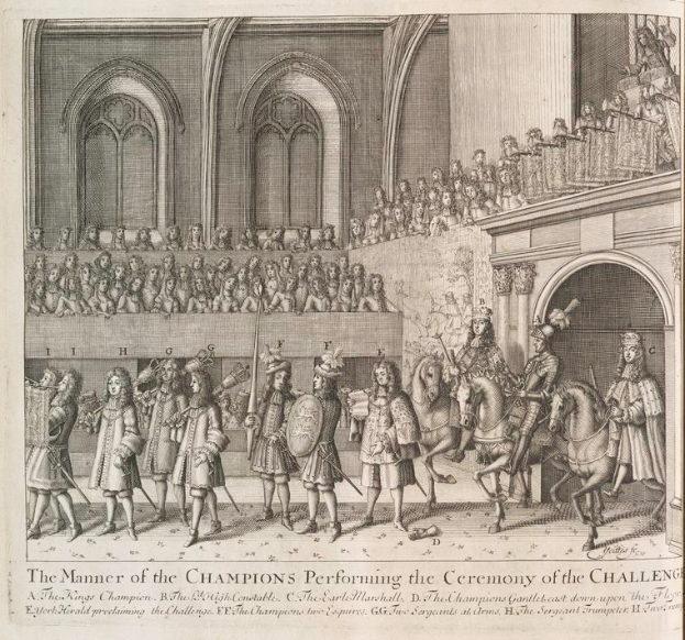 Eine Zeichnung einer Gruppe von Menschen, einige zu Pferd, vor einer Menge und einem Gebäude, mit Text darunter, der "Die Art und Weise, wie die Champions die Herausforderung durchführen" lautet.