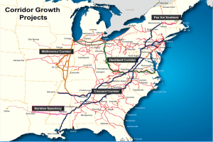 Ein Plakat mit einem detaillierten Kartenbild der Vereinigten Staaten, das Straßen und Highways hervorhebt und den Titel "Corridor Growth Projects" in fetter, schwarzer, zentrierter Schrift auf einem hellblauen Hintergrund trägt.