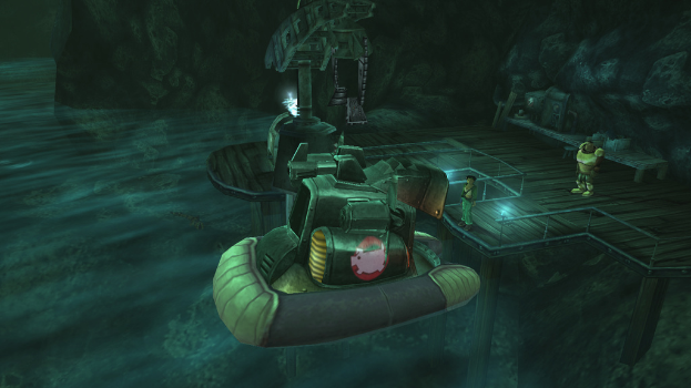 Eine Animation mit zwei Spielzeugen, Steinen, zentralen Maschinen, einem rechten Gehweg und Lichtern.