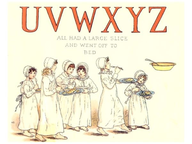 Eine Gruppe von Menschen mit Tellern mit Essen, einer Schüssel und einem Löffel, mit Text oben: "Uwxyz - Alle hatten ein großes Stück und gingen ins Bett."