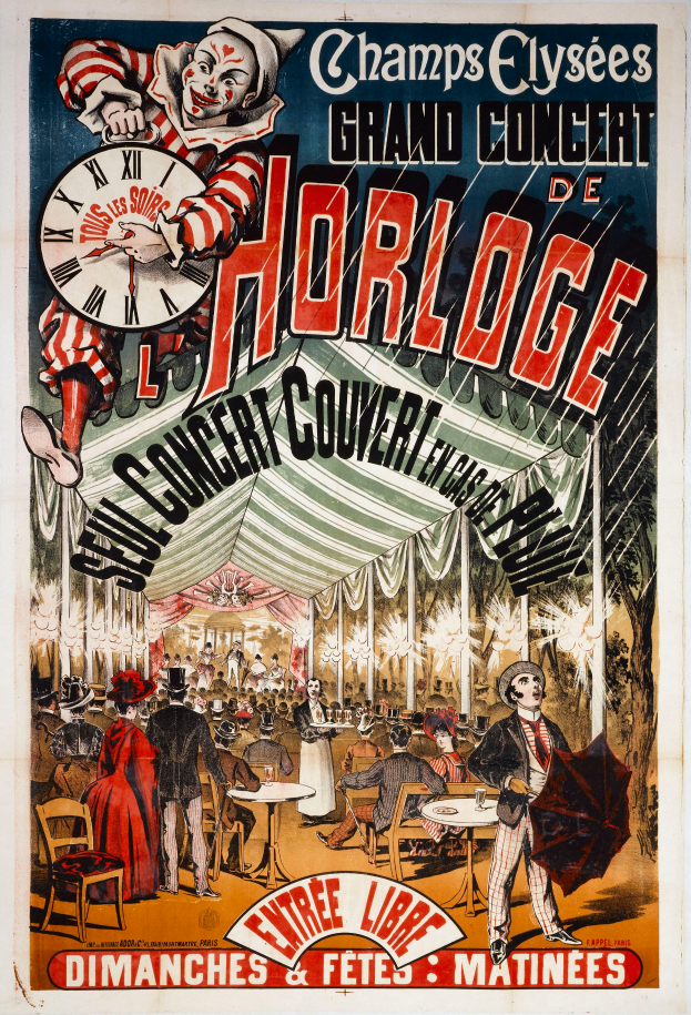 Ein Plakat, das ein großes Konzert von Horloge auf den Champs-Élysées ankündigt, zeigt eine Gruppe von Menschen, darunter einer mit einem Schirm in der Mitte und einer Uhr im Hintergrund.