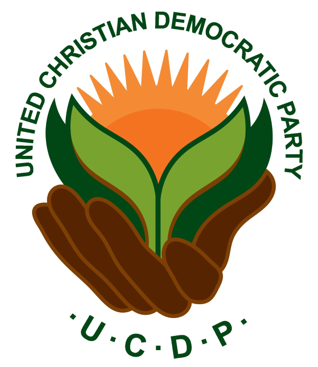 Logo der Vereinigten Christdemokraten (UCDP): Eine Hand hält eine leuchtend gelbe Blume mit einem grünen Stiel und Blättern, zentriert innerhalb eines blauen und gelben Kreises auf einem weißen Hintergrund, mit der Schrift "UCDP" in fetter schwarzer Schrift darunter.