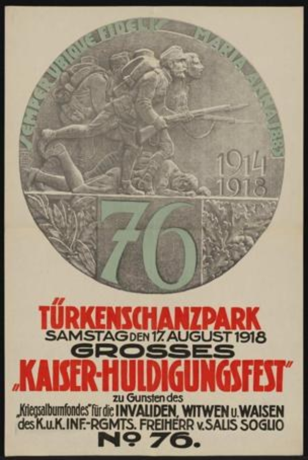 Plakat zum 70-jährigen Jubiläum des Kaiser-Huldigungsfests in Berlin, Deutschland, mit einer Gruppe von Menschen in der Mitte, umgeben von Text und Zahlen in einem Photo-Rahmen.