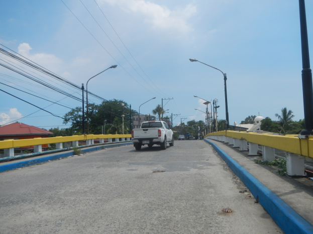 Ein Lkw fährt über eine Brücke mit gelben Geländern, Laternenmasten, Strommasten mit Drähten, Bäumen, Gebäuden und einem bewölkten Himmel im Hintergrund.