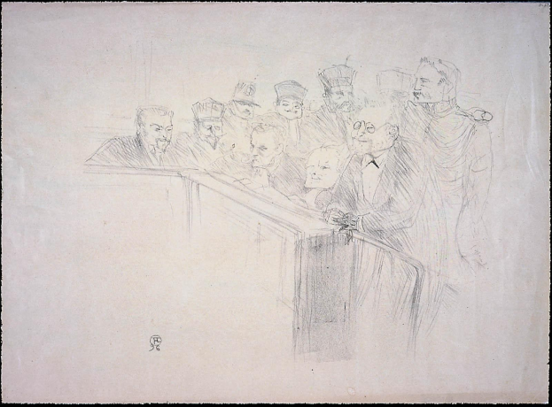 Schwarz-weiß-Zeichnung von Menschen, die an einem unordentlichen Tisch in einem Gerichtssaal sitzen, mit einem dicken schwarzen Rahmen um die Szene.