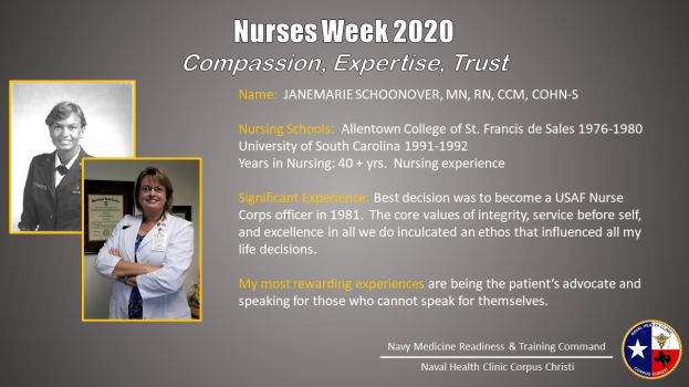 Plakat zur Nurses Week 2020 mit zwei Fotos von Krankenschwestern links und Text rechts mit der Aufschrift "Mitgefühl, Expertise, Vertrauen" und einem Logo in der rechten unteren Ecke.