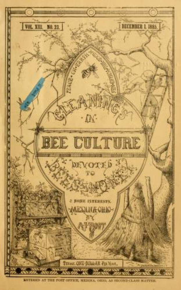 Ein altes Buch mit einer Zeichnung einer Biene, umgeben von Bäumen, einer Leiter und anderen Gegenständen, mit der Aufschrift "Reinigung in der Bienenkultur" auf dem Cover.