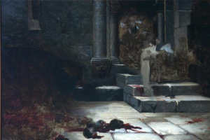 Eine Person auf einer Treppe in einem Foto Rahmen, mit Säulen und Blutspuren auf dem Boden im Hintergrund.