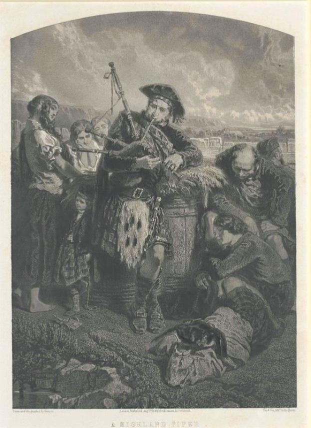 Schwarze und weiße Gravur eines Mannes, der eine Dudelsack vor einer Gruppe von Menschen spielt, mit einem bewölkten Himmel im Hintergrund und dem Text "Ein Highland-Pfeifer" unten.