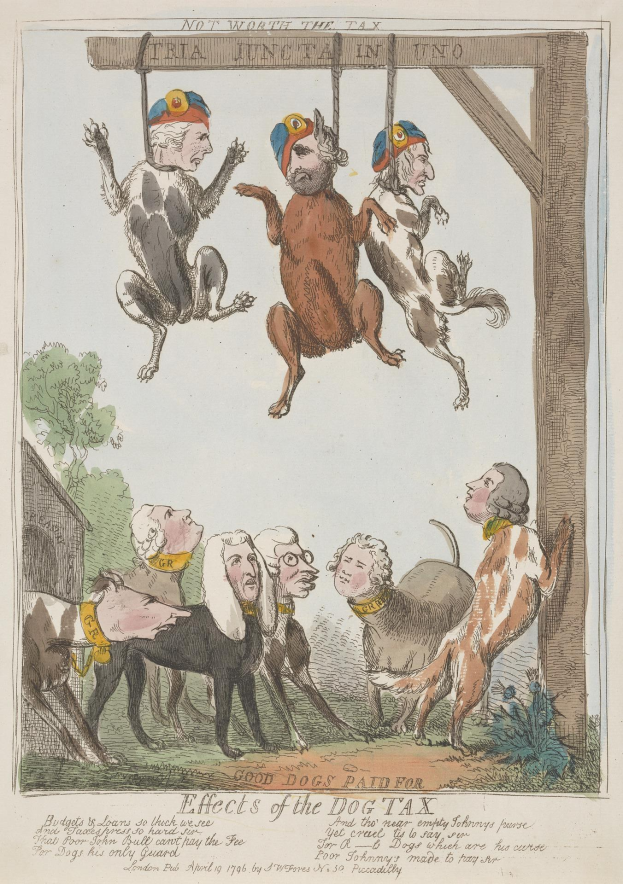 Ein Blatt Papier mit einer Zeichnung von Menschen und Tieren, einschließlich eines Hundes, das an einem hölzernen Pfahl hängt, zusammen mit Text, der wahrscheinlich über eine Hundesteuer handelt.