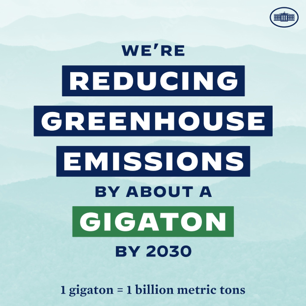 Plakat mit Text und Logo, das "Wir reduzieren die Treibhausgasemissionen um etwa eine Gigatonne bis 2030", für eine signifikante Reduzierung der Treibhausgasemissionen bis 2030 wirbt.