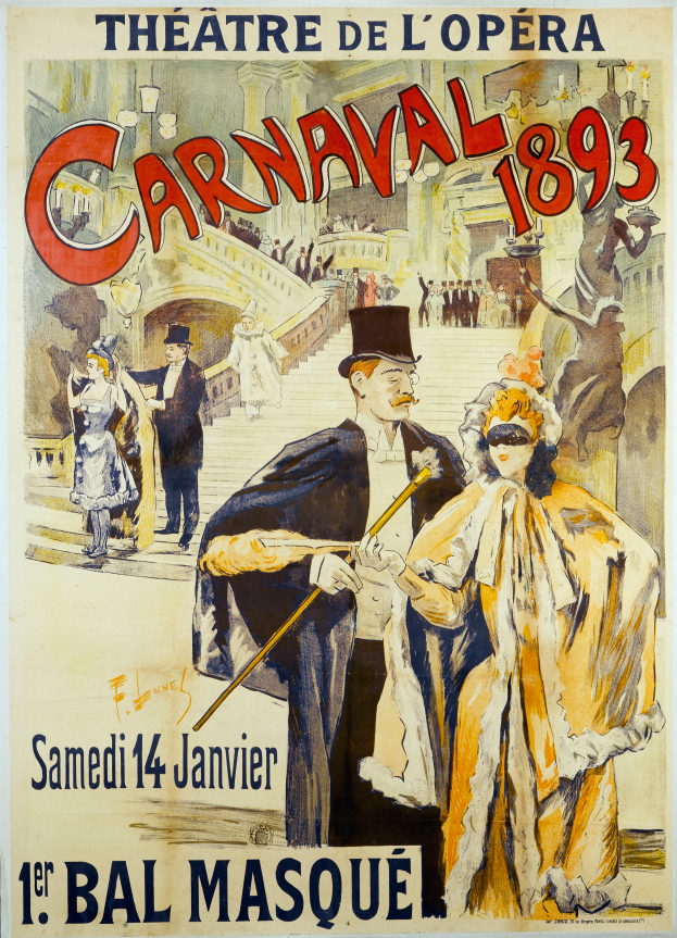 Ein Vintage-Karnevalsplakat aus dem Jahr 1893, das einen Mann mit Zylinder und eine Frau in einem langen Kleid zeigt, die nebeneinander vor einem hellgelben Hintergrund stehen, mit schwarzer, fetter Schrift, die das Ereignis beschreibt.