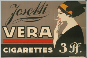 Eine Frau in einem weißen Kleid mit einem Dutt, die in ihrer rechten Hand eine Zigarette hält, hat einen ernsten Gesichtsausdruck, mit dem Text "Josemi Vera Zigaretten" oben drauf, vor einem hellblauen Hintergrund mit verstreuten Sternen.