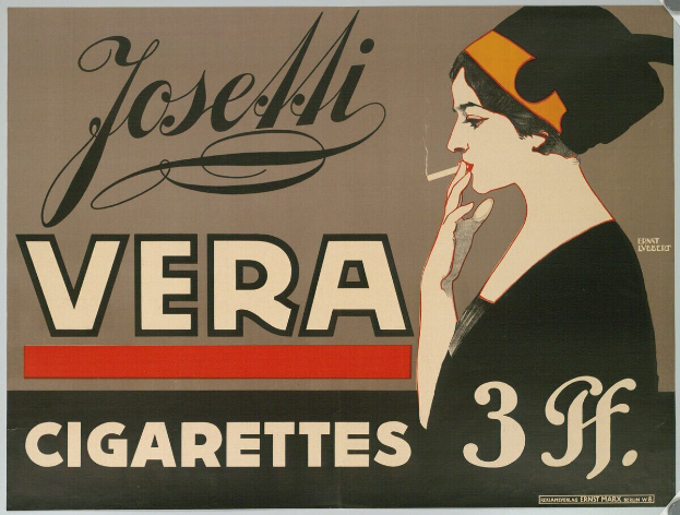 Eine Frau in einem weißen Kleid mit einem Dutt, die in ihrer rechten Hand eine Zigarette hält, hat einen ernsten Gesichtsausdruck, mit dem Text "Josemi Vera Zigaretten" oben drauf, vor einem hellblauen Hintergrund mit verstreuten Sternen.