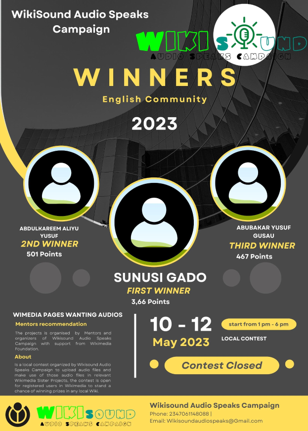 Ein buntes Plakat mit einem blauen Hintergrund und gelber und weißer Schrift, die in fetter Schrift 'Gewinner' lautet, mit lächelnden Menschen in der Mitte.