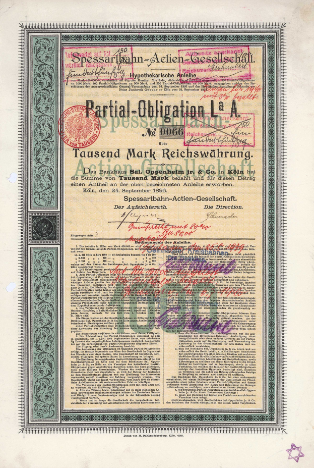 Ein altes deutsches Aktienzertifikat, das von der deutschen Regierung ausgestellt wurde, mit Text und einem Stempel.