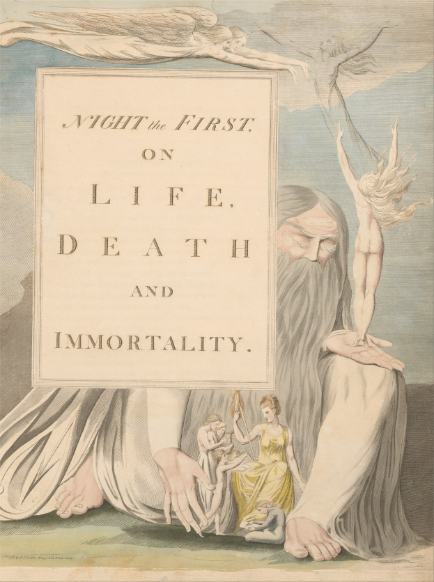 Ein Plakat mit einer leuchtenden Darstellung von Menschen, die in einem Kreis unter einem hellen Licht stehen, mit der Schlagzeile "Night the First on Life, Death and Immortality."
