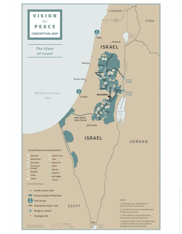 Plakat mit der Aufschrift "Vision für Frieden-Konzeptkarte", das eine farbcodierte Karte von Israel mit fetter schwarzer Schrift oben zeigt.