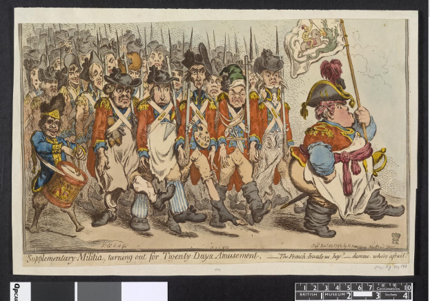 Gruppe von Männern in Militäruniformen marschiert auf einer Straße, einer hält einen Stock in der Hand, mit Text "Zusätzliche Miliz, Ausmarsch für Zwanzig-Tage-Vergnügen" unten.