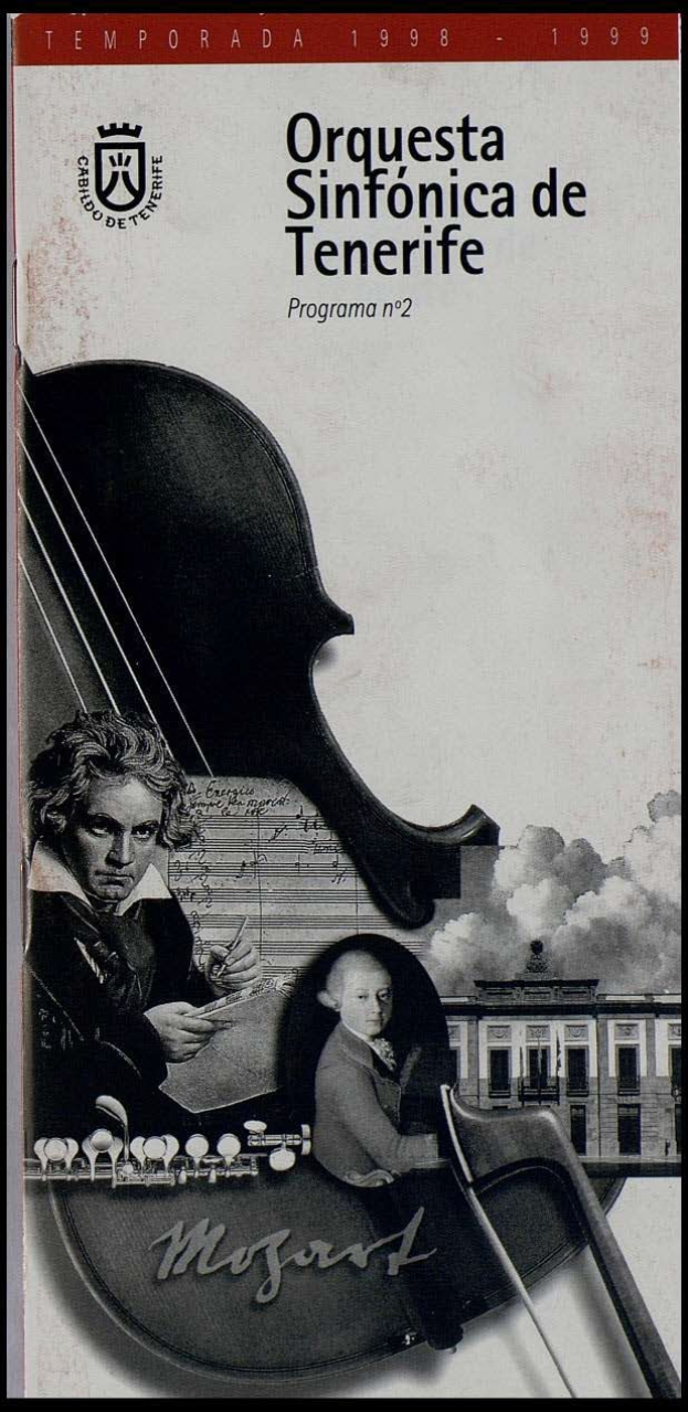Plakat für Mozarts Symphonie Nr. 2 in D-Moll, Op. 63, mit zwei Geigerinnen im Vordergrund und einem Gebäude im Hintergrund, mit dem Text "Orquesta Sinfónica de Tenerife Programa Nº 2".