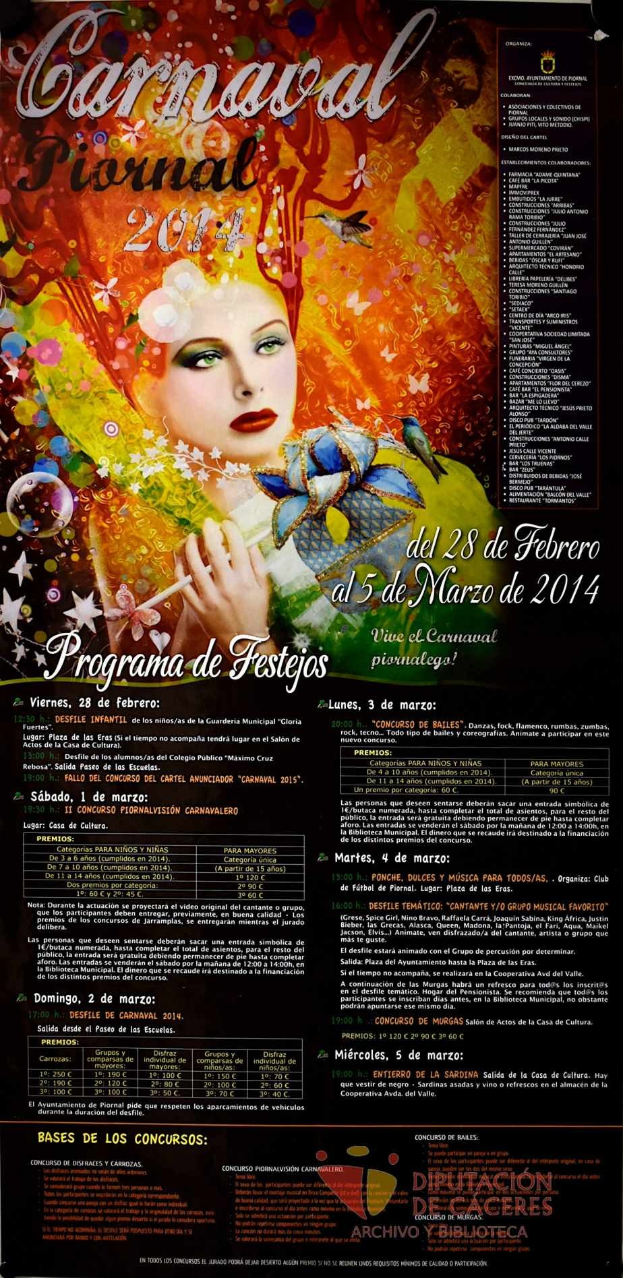 Plakat für das Karnevalsfest 2014 mit einer Frau in einem bunten Kleid, die in der Mitte strahlt, umgeben von fetter schwarzer Schrift auf einem leuchtend gelben Hintergrund.