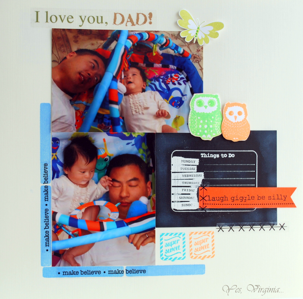 Eine Grußkarte mit zwei Bildern: einem Mann, der ein Baby in einer Wiege hält, und einem anderen mit zwei Eulen, begleitet von Text.