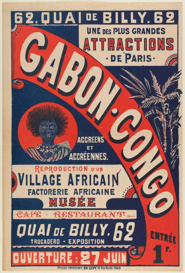 Ein Plakat für das Gabon Kongo Festival in Paris, das eine Person mit einem menschlichen Gesicht in der Mitte und Text zeigt, der das Festival bewirbt.
