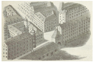 Eine historische Stadtansicht mit verschiedenen Architekturgebäuden und Text unten.