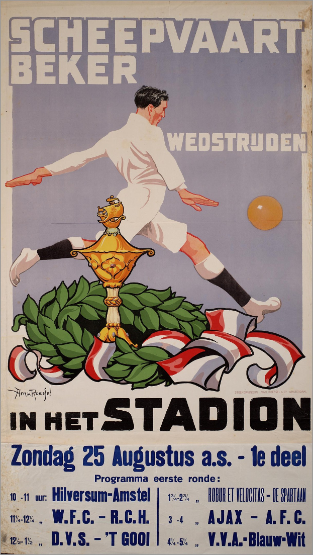 Ein Fußballplakat aus den Niederlanden mit einer Person in weißem Trikot und Shorts mit entschlossener Miene, umgeben von grünen und gelben Blättern, fettem schwarzem 'Fußball'-Text und einem hellblauen Himmel-Hintergrund.
