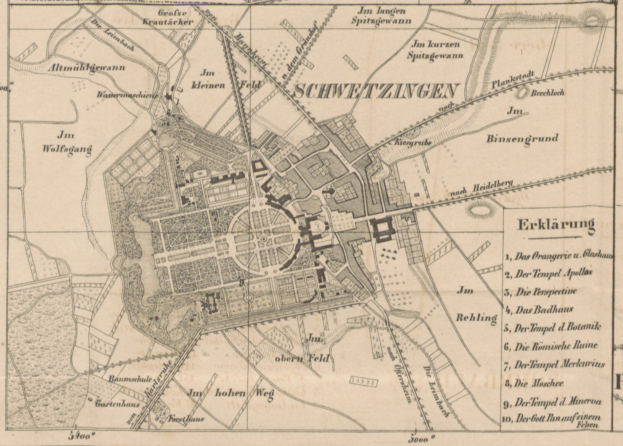 Ein detaillierter alter Stadtplan von Schwerin, Deutschland, der Straßen, Gebäude, Sehenswürdigkeiten und Texte zeigt, die Informationen über die Bevölkerung und bekannte Orte bieten.