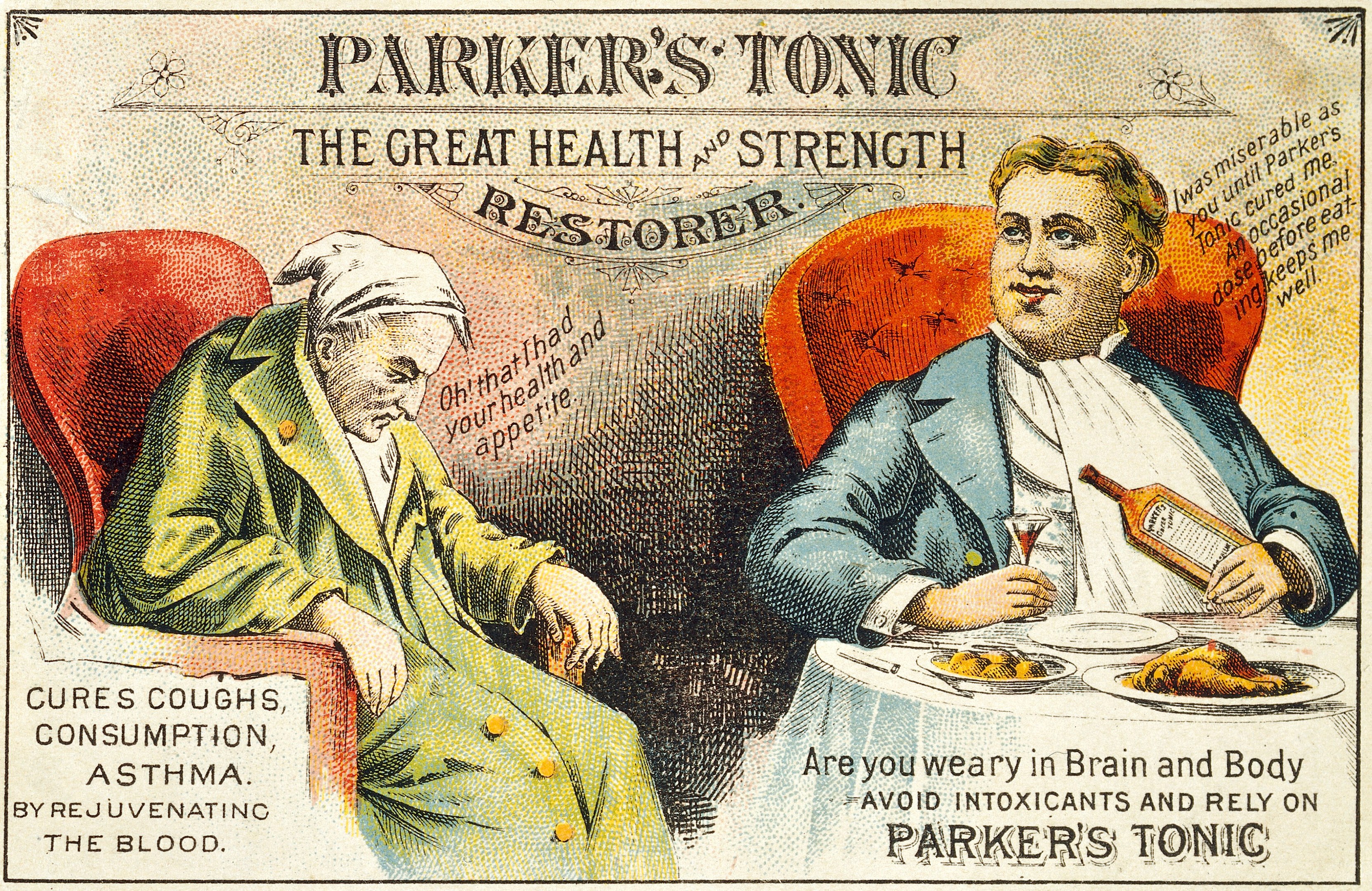 Werbung für Parker's Tonic, die zwei Personen an einem Tisch mit Essen zeigt, eine hält eine Flasche und ein Glas, mit Text, der das Produkt bewirbt.