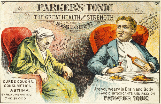 Werbung für Parker's Tonic, die zwei Personen an einem Tisch mit Essen zeigt, eine hält eine Flasche und ein Glas, mit Text, der das Produkt bewirbt.