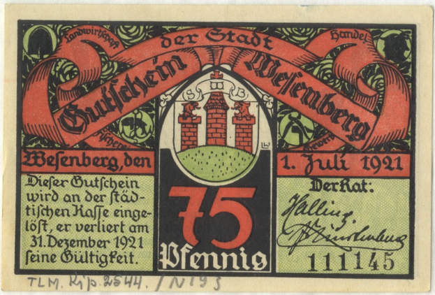 Eine alte deutsche Banknote mit einem Gebäude darauf, der Aufschrift "Bundesliga" und einem Logo unten, vor einem weißen Hintergrund.