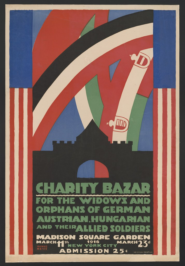 Plakat für die Wohltätigkeitsbasar für Witwen und Waisen deutscher, australischer, ungarischer und alliierter Soldaten mit Ereignisinformationen im Text.