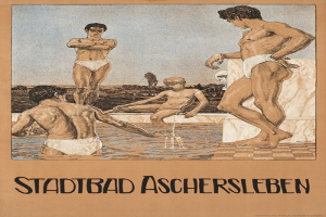 Gruppe von Menschen, die im Schwimmbad stehen und sitzen, mit Werbetext für Aschersleben, Deutschland.