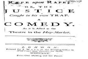 Schwarzer und weißer Plakat mit der Aufschrift "Vergewaltigung auf Vergewaltigung oder die Gerechtigkeit in ihrer eigenen Falle" in fetter schwarzer Schrift, wahrscheinlich für eine Comedy-Show.