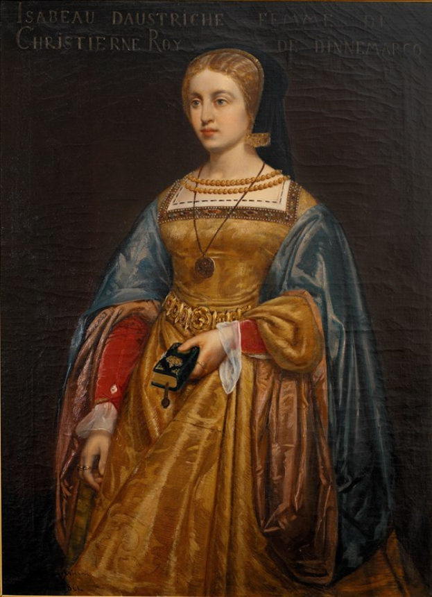 Gemälde von Isabella daustriche in einem goldenen Kleid mit detaillierten Verzierungen, ihre Haare zu einem Dutt gebunden, von Christierne Roy, dargestellt mit feinen Zügen, einem seren expression und einem königlichen, würdevollen Ausdruck.