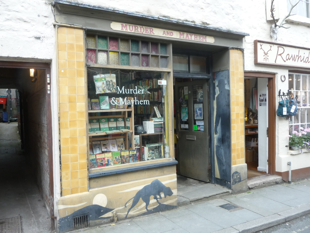 Ein Ladengeschäft mit einer Tafel, auf der 'Mord und Totschlag' steht, zeigt Regale mit Büchern und anderen Gegenständen, Tafeln mit Text, Pflanzen mit Blumen, einen Baum und eine Straße im Vordergrund.