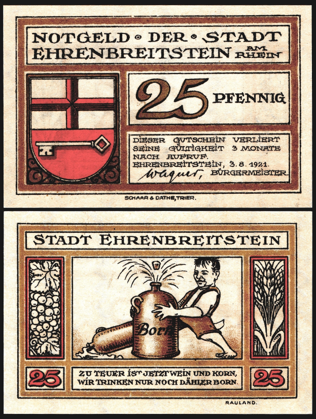 Alte deutsche Banknote mit einem Mann in weißem Hemd und blauem Hut, der eine Bierflasche hält, mit der Aufschrift "Beer" und einem gekrönten Schild-Logo.