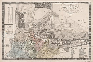Detailreiche alte Karte von Weimar, Deutschland, die Straßen, Gebäude und Sehenswürdigkeiten zeigt, mit begleitendem Text über die Bevölkerung und Merkmale der Stadt.