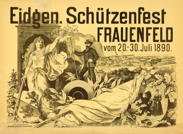 Ein Vintage-Plakat, das das Eidgenössische Schützenfest in Frauenfeld, Deutschland, bewirbt und einen Mann in einem Anzug und eine Frau in einem Kleid zeigt, die nebeneinander stehen, mit Details des Ereignisses darauf geschrieben.