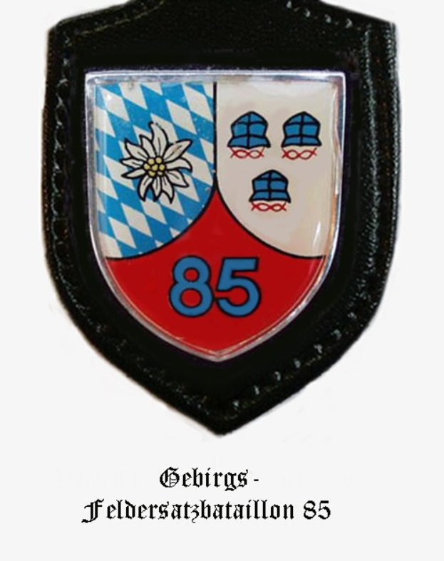 Ein rundes Abzeichen mit der Nummer 85 und deutschem Text unten, das das Logo der bayerischen Fussballmannschaft darstellt.