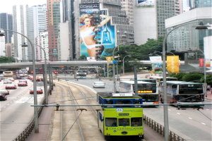 Eine belebte Stadtstraße mit verschiedenen Fahrzeugen, darunter Doppeldeckerbusse, Autos und andere Fahrzeuge, umgeben von Pfählen, Laternen, Tafeln, Bannern, Bäumen, einer Brücke, hohen Gebäuden und einem klaren blauen Himmel, mit Text am unteren Bildrand.