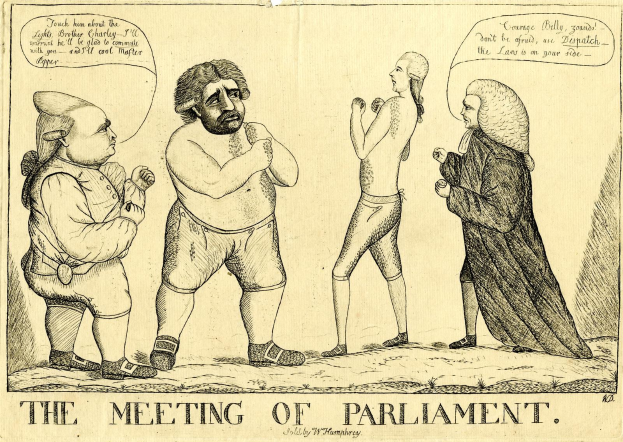 Eine Zeichnung von drei Personen, die diskutieren, darunter eine Person, die lebhaft gestikuliert, mit der Überschrift "Die Parlamentssitzung."
