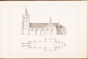 Ein detailliertes Bild einer Kirche mit sichtbaren Fenstern, Dach und architektonischen Details auf dem Cover eines alten Buches, begleitet von Text.