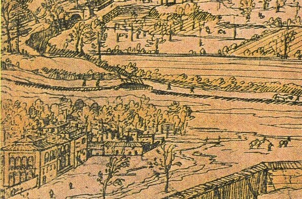 Eine detaillierte Zeichnung einer Stadt mit einem gewundenen Fluss, umgeben von saftig grünen Bäumen und hohen Gebäuden, die eine friedliche Atmosphäre vermitteln.